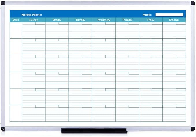VIZ-PRO Magnetic Dry Erase Monthly Planner, 48 X 36 Inches, Silver Aluminium Frame