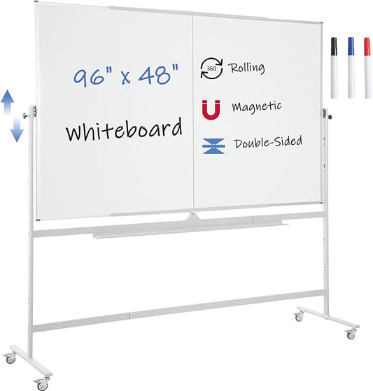 FORTUNO Large Magnetic Mobile Whiteboard 96"x48", Rolling Double Sided Stand Whiteboard on Wheels, Reversible Adjustable Height/Angle Dry Erase Board 8' x 4' Easel White Board for Office Classroom