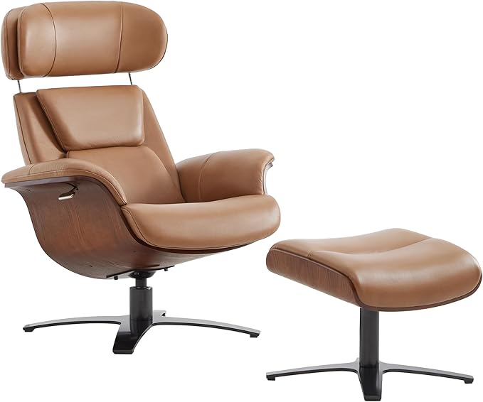 CHITA Genuine Leather Reclining Swivel Chair with Adjustable Headrest and Ottoman for Living Room, Saddle