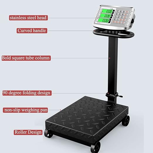 Industrial Platform Scale with Wheels 660lb Computing Digital Floor Scale with Accurate LB/KG Price Calculator High-Definition Displa Foldable Rechargable for Weighing Luggage Package