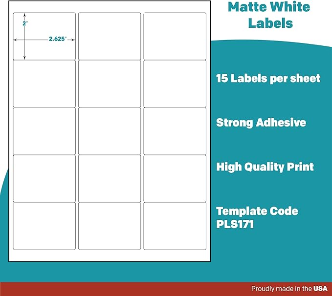 Premium Label Supply White Sticker Labels – 2.625" x 2" – Laser/Inkjet Compatible – (15 per Sheet), 100 Sheets – 1500 Total Adhesive Labels