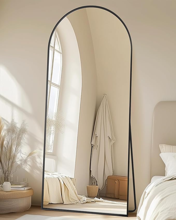 Full-Length Floor Mirror with Stand, 71"x28" Arched Style Full Body Standing Mirror for Bedroom, Living Room, Gym, Dorm - Shatter-Resistant & Easy Assembly, Black