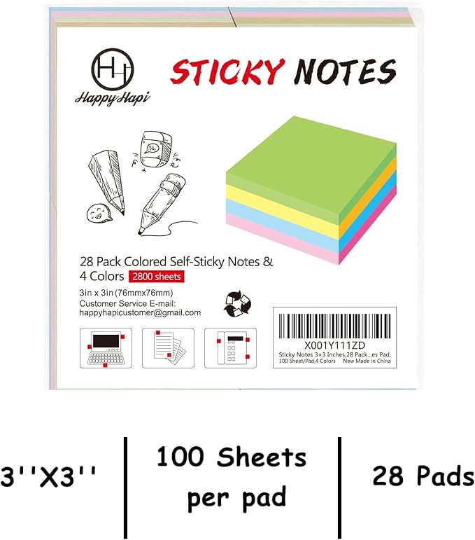 HappyHapi Sticky Notes 3x3 Inches Bulk 28 Pack 2800 Sheets Colored Self-Stick Pads, 100 Sheets/Pad, 4 Bright Colors (Yellow, Green, Pink, Blue) for Office Supplies, School, Home