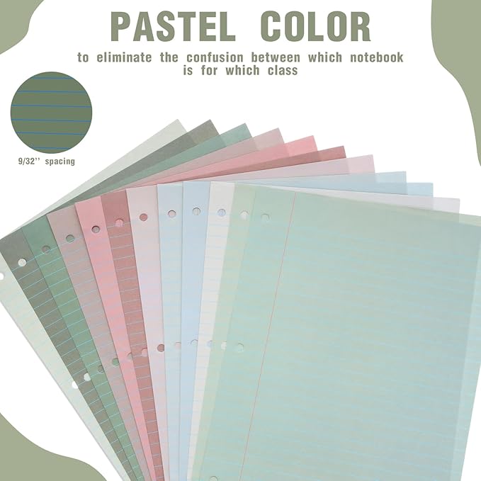 PerKoop 600 Sheets Colored Loose Leaf Paper 8.5" x 11" college ruled Lined 3 Hole Punched notebook Filler Paper for 3 Ring Binders Office School Supplies (Morandi Colors)