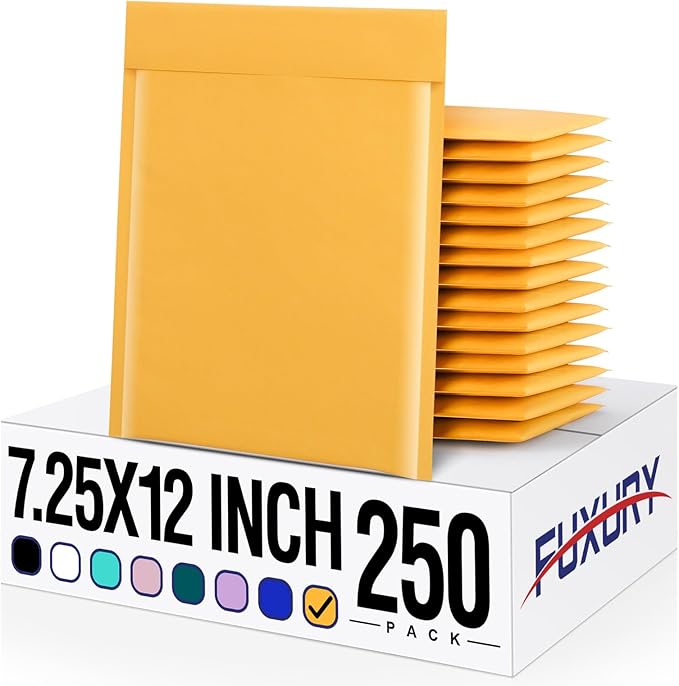 Fuxury Kraft Bubble Mailers 7.25x12 Inch 250 Pack, Strong Adhesion Padded Envelopes,Self Seal Bubble Envelopes, Waterproof Cushioned Mailers for Small Business,Bulk Yellow