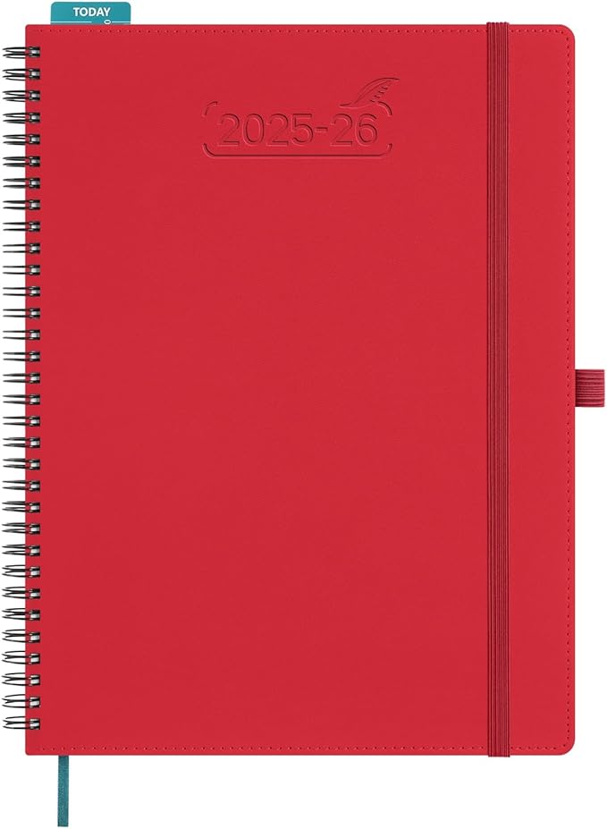 BEZEND Planner 2025-2026 Weekly and Monthly, 8.5" x 11" Academic Calendar (Jul 25-Dec 26) Vertical Daily Appointment with Hourly Timeslot & Monthly Tab, Spiral, PU Leather Softcover - Red