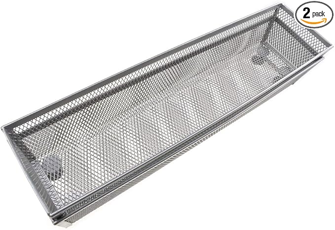 HAHIYO Stackable Mesh Tray Cup 12 x 3 x 2 inches Sturdy Container for Desk Drawer Organizer Collection for Home Office School kitchen Soft Foam Feet No Sharp Edges 2 Pack Silver