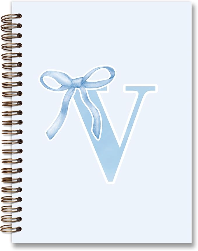 Initial V Notebook Journal,Personalized Teen Girl Gifts,Coquette Trendy Preppy Blue Bow Spiral Notebook,Monogrammed Gifts for Women Teen Girl,College Ruled Hardcover Spiral Notebook 5.5 x 8.3
