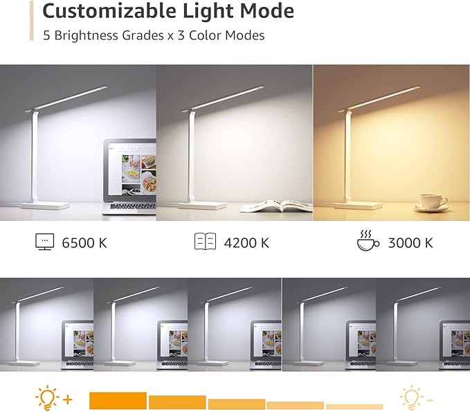 Lepro LED Desk Lamp with USB Charging Port Dimmable Home Office Touch Control Reading Table Lamp,3 Color Modes with 5 Brightness Level, School Dorm Room Essentials, Task Lamp, Sewing, Crafting, White