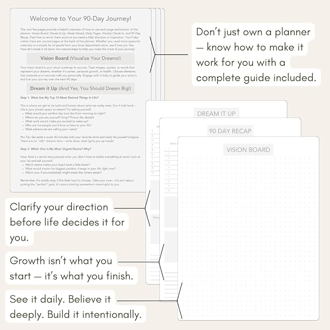Pland Studio 90-Day Planner Journal – Undated Daily Goal Organizer in Alabaster Linen | Gratitude Journal, Habit Tracker, Vision Board, and Reflection Pages for Mindful Planning