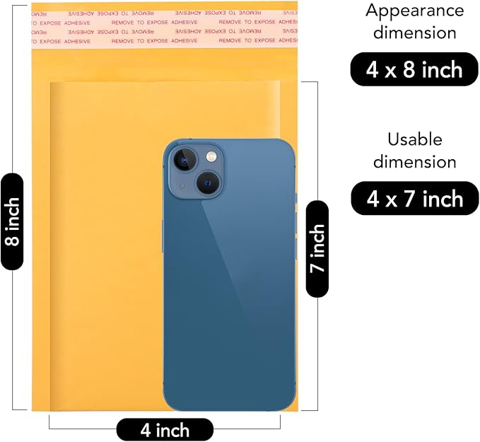 Fuxury Kraft Bubble Mailer 4x8” 50Pack Strong Adhesion Padded Envelopes Thick Bubble Envelopes Usable Size 4x7" Waterproof Cushioned Bubble Mailers Packaging for Small Business #000 Yellow