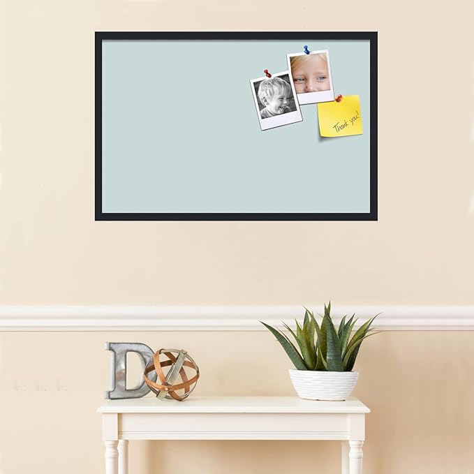 PinPix 34x22 Inch Cork Bulletin Board. This Decorative Framed Pin Board Comes with Soft Blue Design and a Satin Black Frame. Ideal for Home Office Decor or Message Board (PinPix-1814)