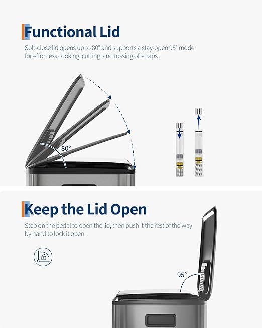 GarveeHome 2 x 10.6 Gallon Stainless Steel Double Trash Can with Lid for Kitchen, Large Dual Trash and Recycle Bin Combo, Step-on Kitchen Metal Garbage Cans, PP Inner Buckets, Liner Rim, Matte Grey