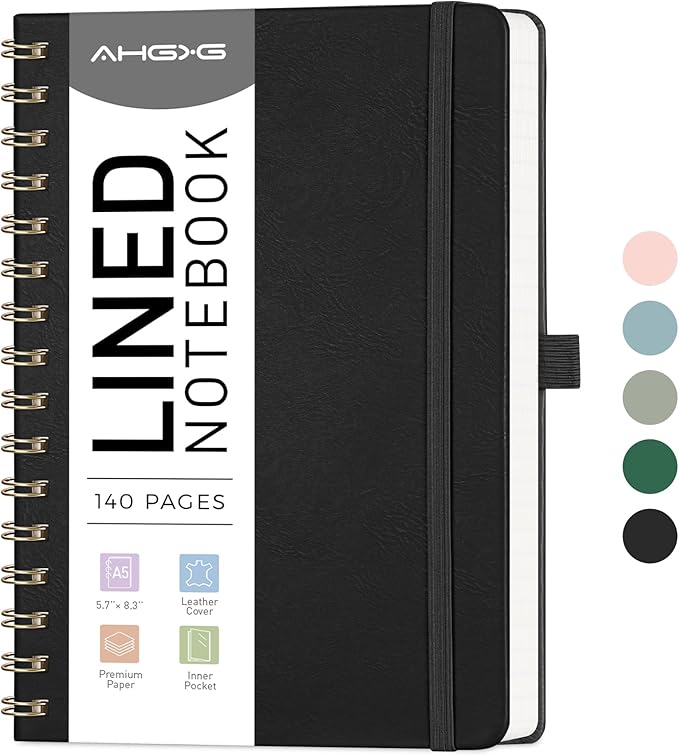 AHGXG Lined Spiral Notebook Journal for Women, 140 Pages Hardcover Leather Notebook College Ruled, A5 5.7" x 8.3", 100 GSM Thick Paper, Notebooks for School Work, Journals for Writing, Black