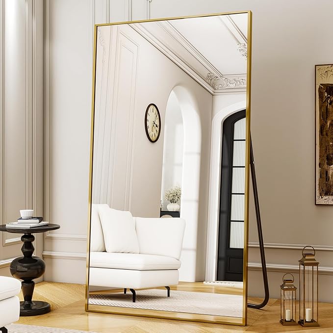 Full Length Mirror with Stand 38"x77" Full Body Mirror Floor Mirror Standing Hanging or Leaning Wall, Wall Mirror with Stand Aluminum Alloy Frame for Living Room Bedroom Cloakroom,Gold