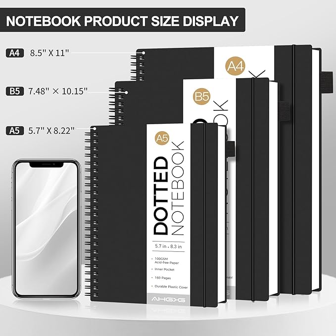 AHGXG Bullet Dotted Journal - Dot Grid Spiral Notebook A5, 160 Pages, 100 GSM Thick Paper, Waterproof Plastic Cover Journals for Bullet Journaling, Sketching, 5.7" x 8.3", Black
