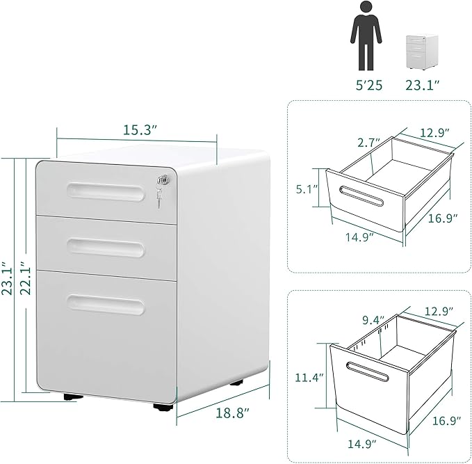YITAHOME 3 Drawer Mobile File Cabinet, Metal Vertical File Cabinet with Lock, Filing Cabinet Under Desk fits Legal/A4 Size for Home Office, Fully Assembled, White