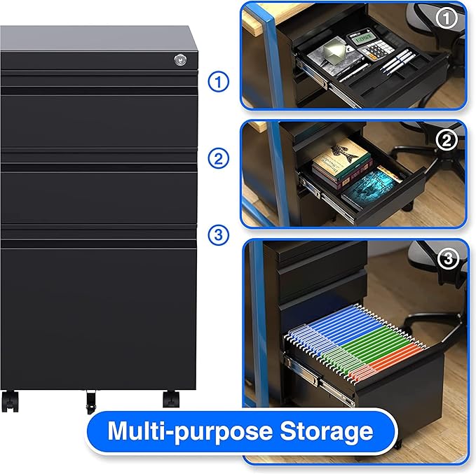 Aobabo 3 Drawer File Cabinet with Lock,Metal Filing Cabinet with Wheels for Home Office & Business Enterprise, Legal/Letter Size, Fully Assembled Except Wheels, Black