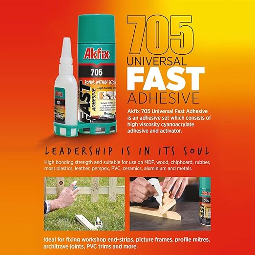 Akfix 705 Super CA Glue (2 X 0.7oz) with Spray Activator (2 X 3.38 floz) and 0.7 oz Thin CA. Wood, Metal, Plastic, Leather, Crafts. Clear CA Glues