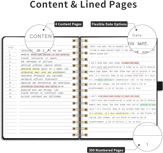 EMSHOI Spiral Notebook College Ruled, 300 Numbered Pages, A5 Small Hardcover Leather, 100 GSM Thick Lined Journal for Women Men Work Writing Journaling Note Taking, 5.7" x 8.22", Black