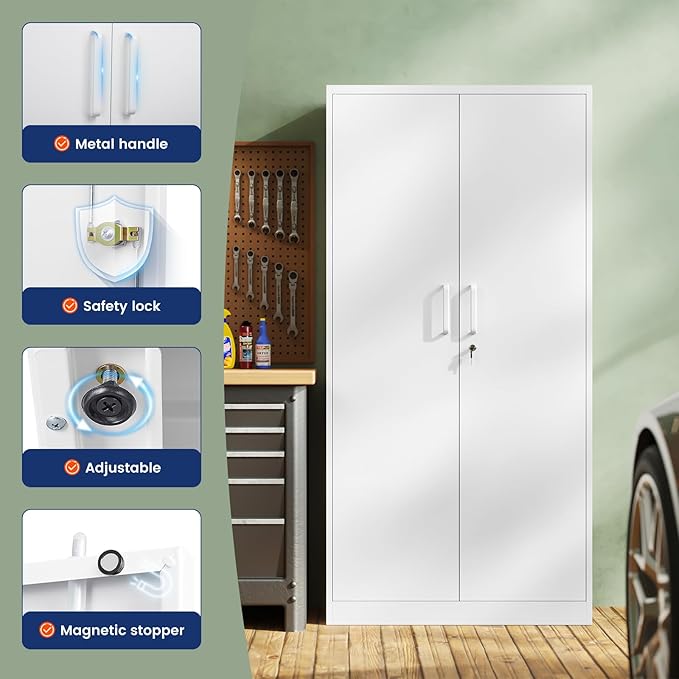 Yizosh Metal Storage Cabinet with Locking Doors and 5 Adjustable Shelves,- 72" Garage Storage White Steel Lockable File Cabinet for Office,Home,Garage