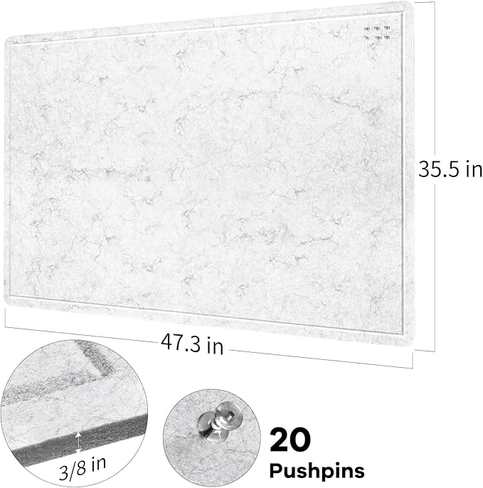 Large Bulletin Board - 48 x 36 Inches, Decorative Felt Pin Board for Wall - 4' x 3' Foldable Photo Display Board with Self-Adhesive Tape, Includes 20 Push Pins - Marble White