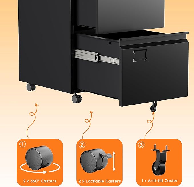 Aobabo Metal 2 Drawer Office File Cabinet with Lock, Under Desk Office Steel Files Cabinet on Wheels, 25.6''H Legal/Letter A4 Size, Assembly Required, Black