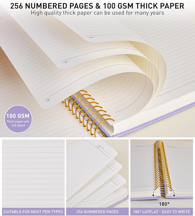 A4 Spiral Notebook Journal 8.5” x 11”, 256 Numbered Pages Hardcover Leather Journals for Women Men, Large Lined College Ruled Notebooks, 100GSM Thick Paper, Spiral Bound Journal for Work School, Purple