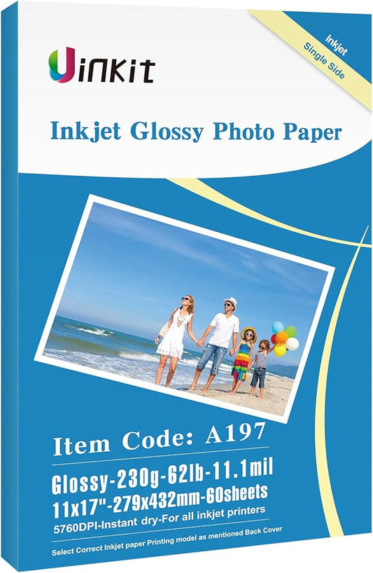 Uinkit 11 x 17 Thick Photo Paper Glossy 11x17 60Sheets 62lb Inkjet Heavyweight 230gsm Gallery show Brochure Pictures Funeral Bulletin Obituary Papers Obituaries Gloss Papers