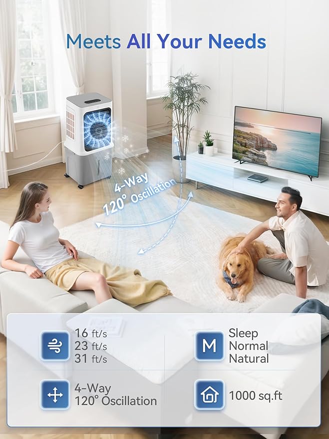 10 Gal Evaporative Air Cooler, 3000CFM Quiet Portable Air Conditioners, 35" Fast Cooling Swamp Cooler, 120° Oscillation, 12H Timer, 3 Speeds & Modes Remote Control for Living Room|Bedroom|Garage