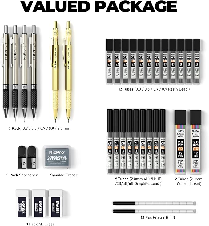 Nicpro 37PCS Gold Art Mechanical Pencil Set, 4PCS Metal Drafting Pencil 0.3/0.5/0.7/0.9 mm & 2PCS 2mm Lead Holder (6B 4B 2B HB 2H 4H) School Supplies for Sketching Drawing with 23 Tube Lead Refills