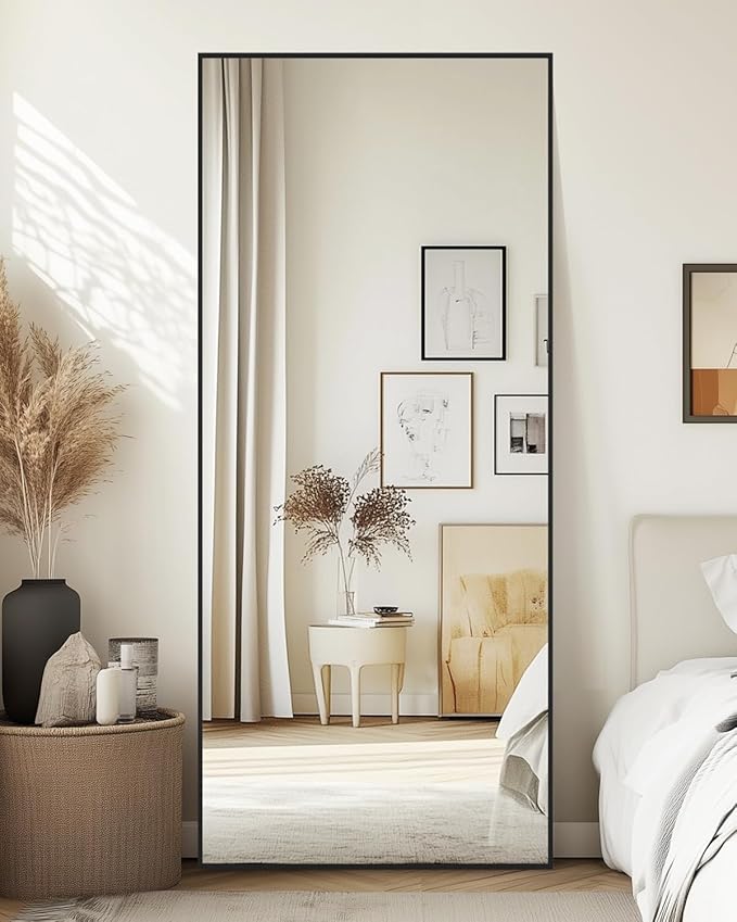 Full-Length Floor Mirror with Stand, 59"x16" Rectangle Style Full Body Standing Mirror for Bedroom, Living Room, Gym, Dorm - Shatter-Resistant & Easy Assembly, Black