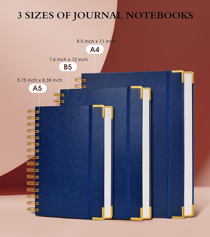 Spiral Notebook Journal 5.75” x 8.38”, 300 Pages Hardcover Leather Lined Journals for Women Men, A5 Small College Ruled Notebooks with 100 GSM Thick Paper, Spiral Journal for Writing Work School, Navy