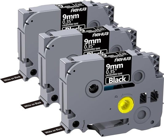 Hehua Tze Tz Tape 9mm 0.35 Laminated Black Tape Compatible for Brother P-Touch TZe-325 TZe325 TZ-325 TZ325 Label Tape for Ptouch PT D210 D200 D220 H110, 3/8'' x 26.2ft White on Black, 3 Pack