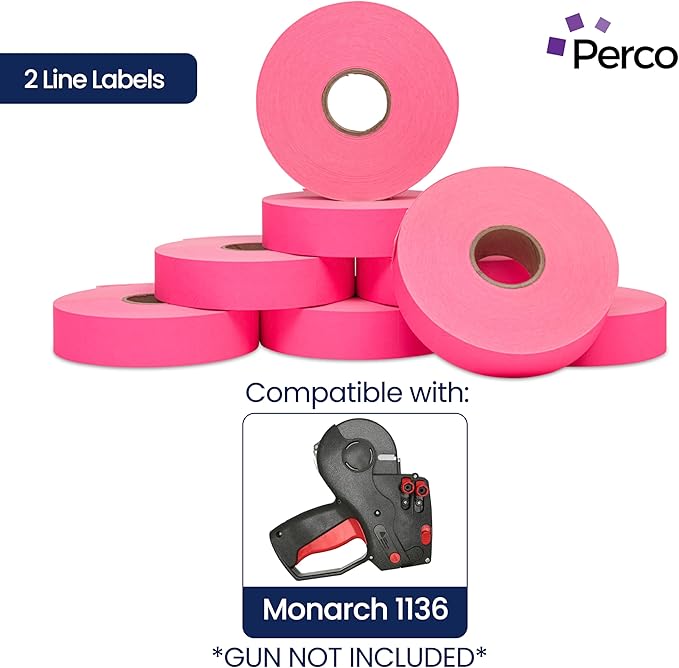 Perco Fuorescent Pink Pricing Labels for Monarch 1136 Price Gun – 3 Sleeves, 24 Rolls Value Pack - 42,000 Price Marking Labels – with Ink Rolls Included