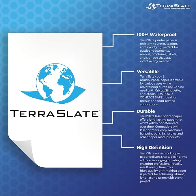 TerraSlate Premium Waterproof Paper, 5 MIL 8.5” x 11”, Laser Printer & Copy Machine Compatible, Durable & Rain/Weather-Proof Copy Paper, White Paper (250 Sheets)