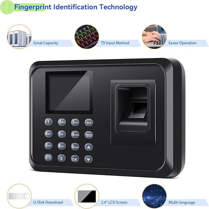 Fingerprint Time Clocks for Employees - Time Clock for Small Business Automatic Calculate Working Hours and Deduct Lunch Time, Punch and Power-off Protection with 8G USB Drive (0 Monthly Fee)