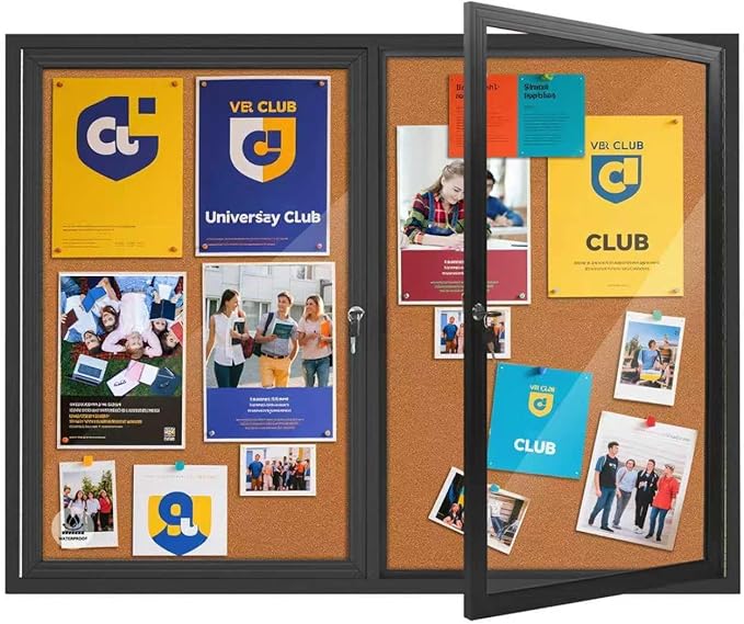 Lockable Outdoor Enclosed Bulletin Board,Weatherproof Cork Noticeboard with Locking Door, Wall-Mounted Aluminum Frame Display Case for Office, Home, School (Black Frame | Cork Surface, 44x32 inch)