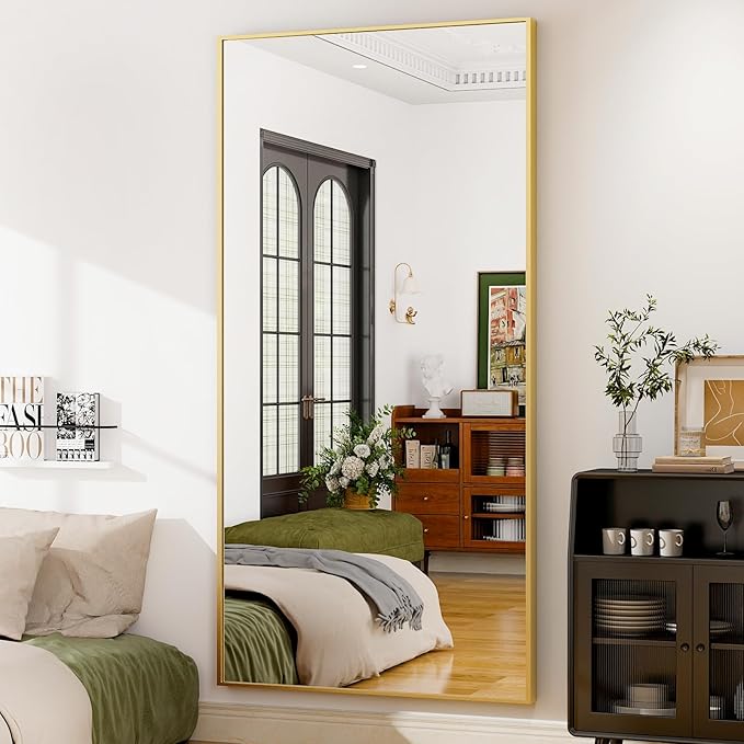 GLSLAND 76"x34" Full Length Mirror Extra Large Hanging or Leaning Rectangle Mirror Aluminum Alloy Thin Frame Bedroom Floor Dressing,Gold
