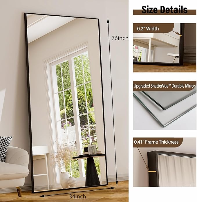 GLSLAND 76"x34" Full Length Mirror Extra Large Hanging or Leaning Rectangle Mirror Aluminum Alloy Thin Frame Bedroom Floor Dressing,Black