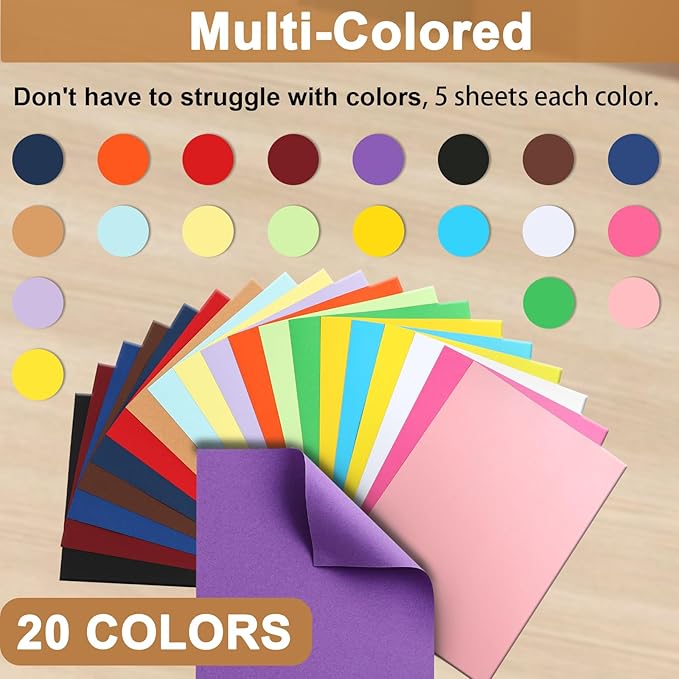 100 Sheets Colors Cardstock Craft Paper, 20 Assorted Colors 75lb Art Projects Card Stock A4 Colored Paper for DIY Cards, Birthday Decorations, School, Party