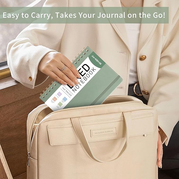 AHGXG Lined Spiral Journal Small Notebook for Women, Notebook College Ruled A5 5.7" X 8.3", 140 Numbered Pages, Hardcover Leather, Meeting Notebook for Work, School Office Supplies, Sage Green