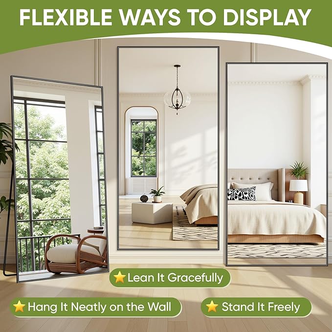 Full-Length Floor Mirror with Stand, 59"x16" Rectangle Style Full Body Standing Mirror for Bedroom, Living Room, Gym, Dorm - Shatter-Resistant & Easy Assembly, Black