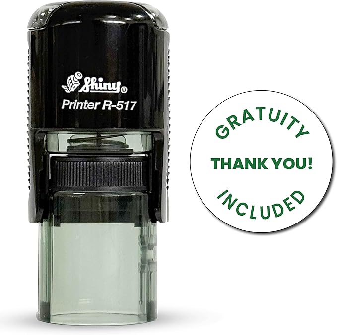 Shiny Gratuity Included Stamp, Round Self Inking Stamp for Restaurant, Bar and Retail, Green Ink