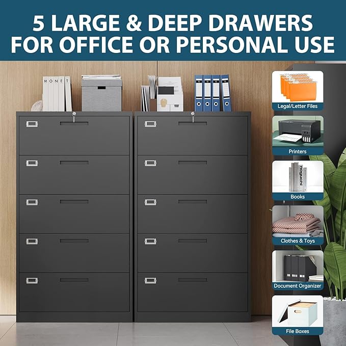 Lateral Filing Cabinet,5 Drawer File Cabinet with Lock,Office Lateral File Cabinets for Legal/Letter A4 Size,Require Assembly, Black