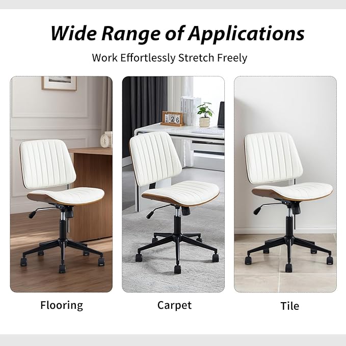 Small Home Office Chair - Armless Mid Back Desk Chair with 360° Swivel and Wheels, PU Upholstered Height Adjustable Modern Walnut Computer Chair for Home, Office Meeting Room - Black