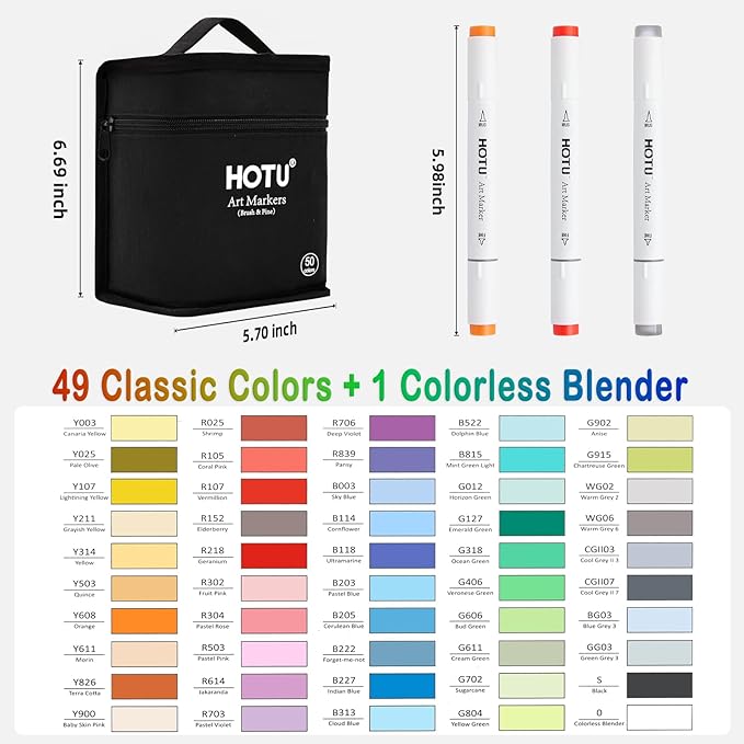 Alcohol Markers Brush and Fine Tip 50 Colors Dual Tips Art Marker Set Alcohol-based Sketch Pens with Carrying Case，Non-Bleeding Pad for Art Enthusiast Adults Coloring Illustration