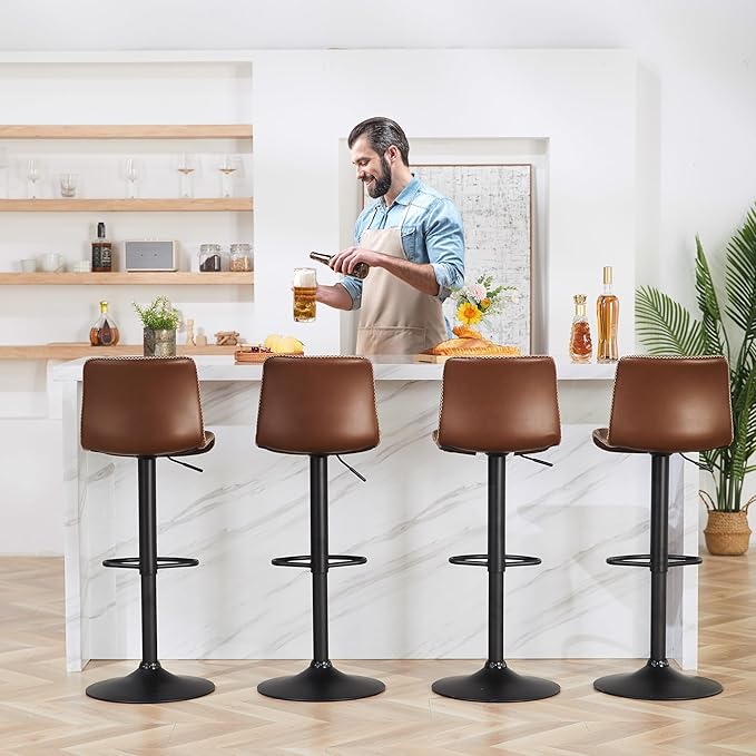 HeuGah Swivel Bar Stools Set of 4, Counter Height Bar Stools with Back, Adjustable Bar Stools 24" to 32", Brown Faux Leather Bar Chairs for Kitchen Island (Brown, Set of 4 (24'' to 32''))