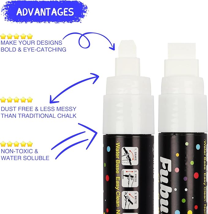 Window Chalk Markers for Cars 5 Pack Washable,White Paint Jumbo Liquid Chalk Marker with 15mm Thick Tips, Big Chalkboard Markers, Car Window Paint Markers Pen for Glass, Auto, Bistro, Mirror, Poster