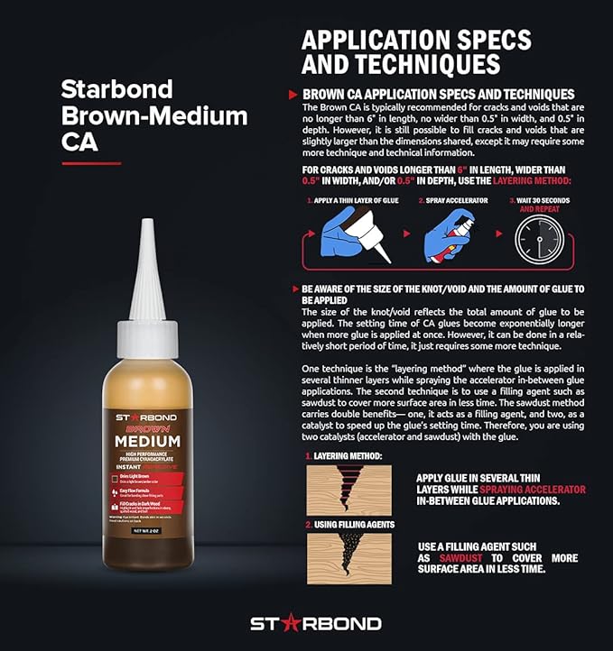 STARBOND Light Brown Medium CA Glue (Premium Cyanoacrylate Super Glue) Crack Filler 150 CPS Viscosity, for Woodworking, Woodturning, Carpentry, Guitar, 2oz